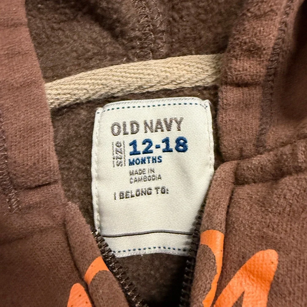 Old Navy Boys Brown Orange Logo Zip Up Hoodie Sweatshirt 12-18 Months